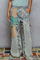 POL Relaxed Fit Twill Patchwork Pants in Blue/Sand