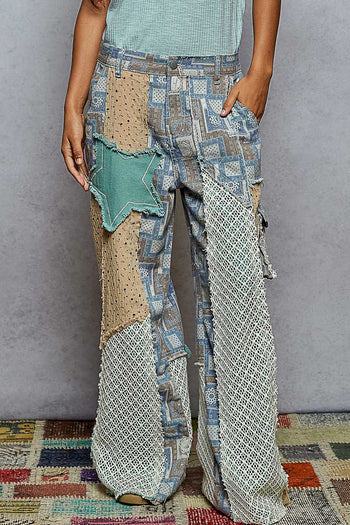 POL Relaxed Fit Twill Patchwork Pants in Blue/Sand