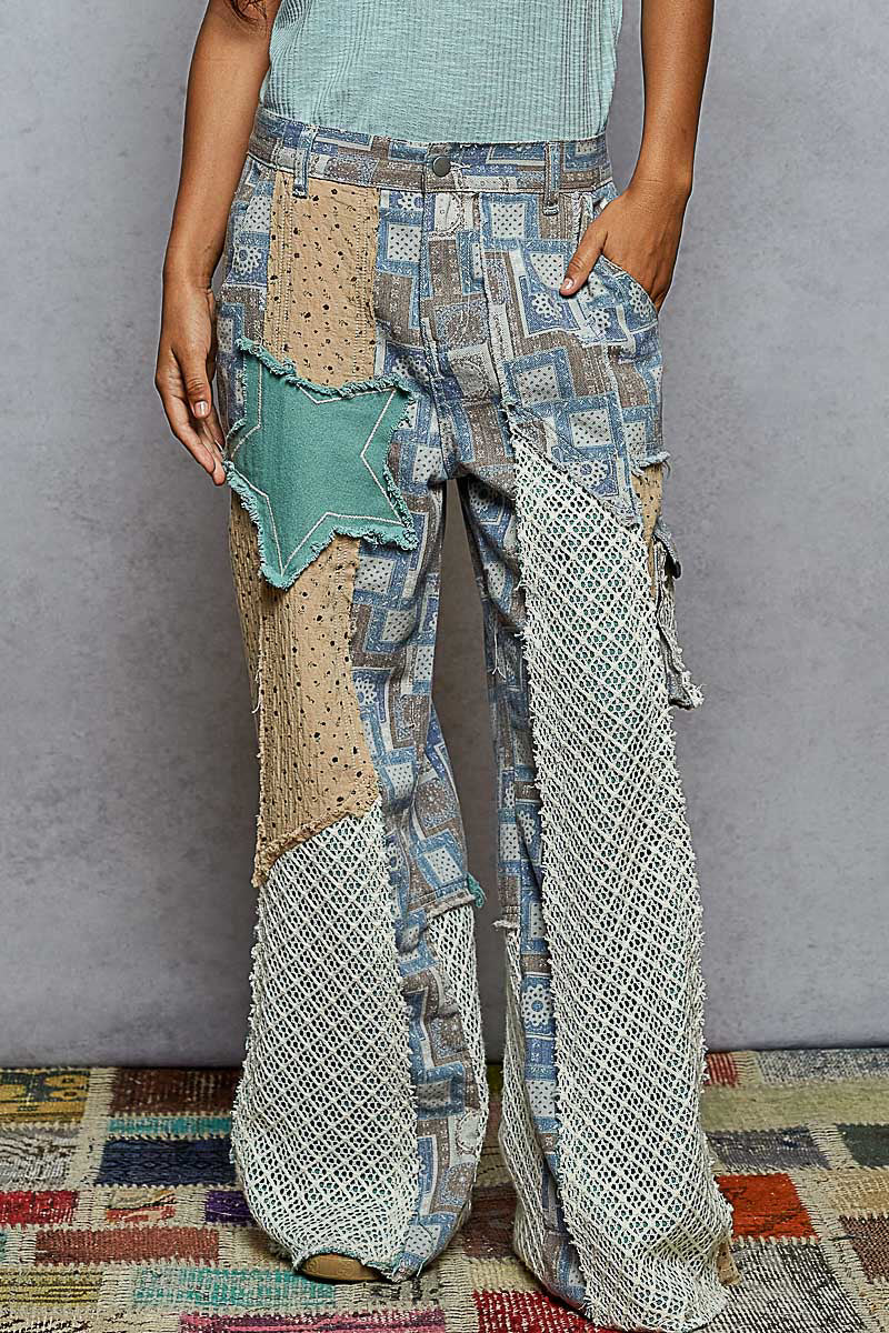POL Relaxed Fit Twill Patchwork Pants in Blue/Sand