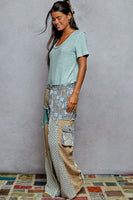 POL Relaxed Fit Twill Patchwork Pants in Blue/Sand