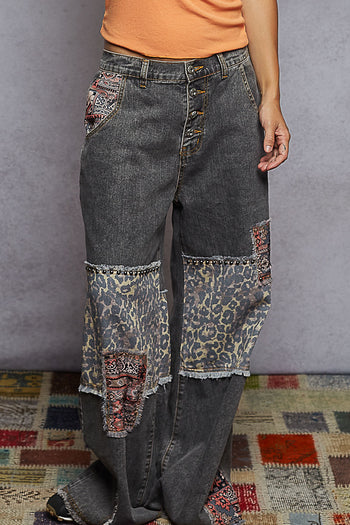 POL Denim Mixed Print Patchwork and Stud Detailed Pants in Black