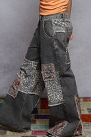 POL Denim Mixed Print Patchwork and Stud Detailed Pants in Black