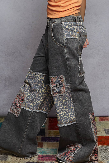 POL Denim Mixed Print Patchwork and Stud Detailed Pants in Black