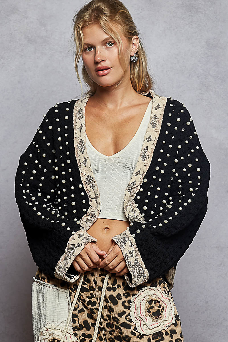 POL Chenille Knit Cardigan with Lace Pearl and Rhinestone Details