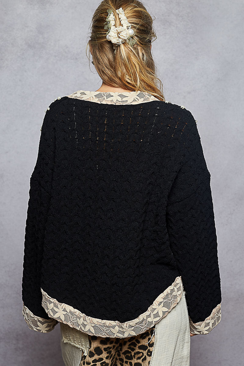 POL Chenille Knit Cardigan with Lace Pearl and Rhinestone Details