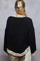 POL Chenille Knit Cardigan with Lace Pearl and Rhinestone Details in Black
