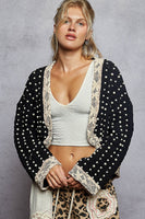 POL Chenille Knit Cardigan with Lace Pearl and Rhinestone Details in Black