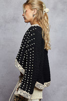 POL Chenille Knit Cardigan with Lace Pearl and Rhinestone Details in Black
