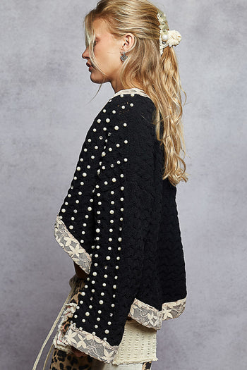 POL Chenille Knit Cardigan with Lace Pearl and Rhinestone Details in Black