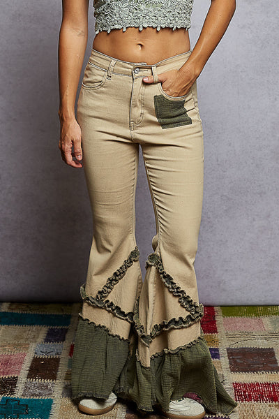 POL Denim Jeans with Double Ruffle Gauze and Ruffles in Latte