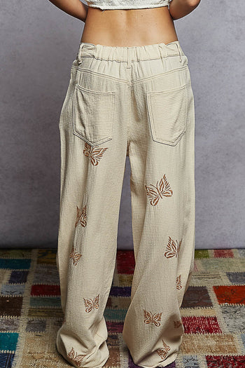 POL Solid Color Double Gauze Pants with Butterfly Embroidery in Natural