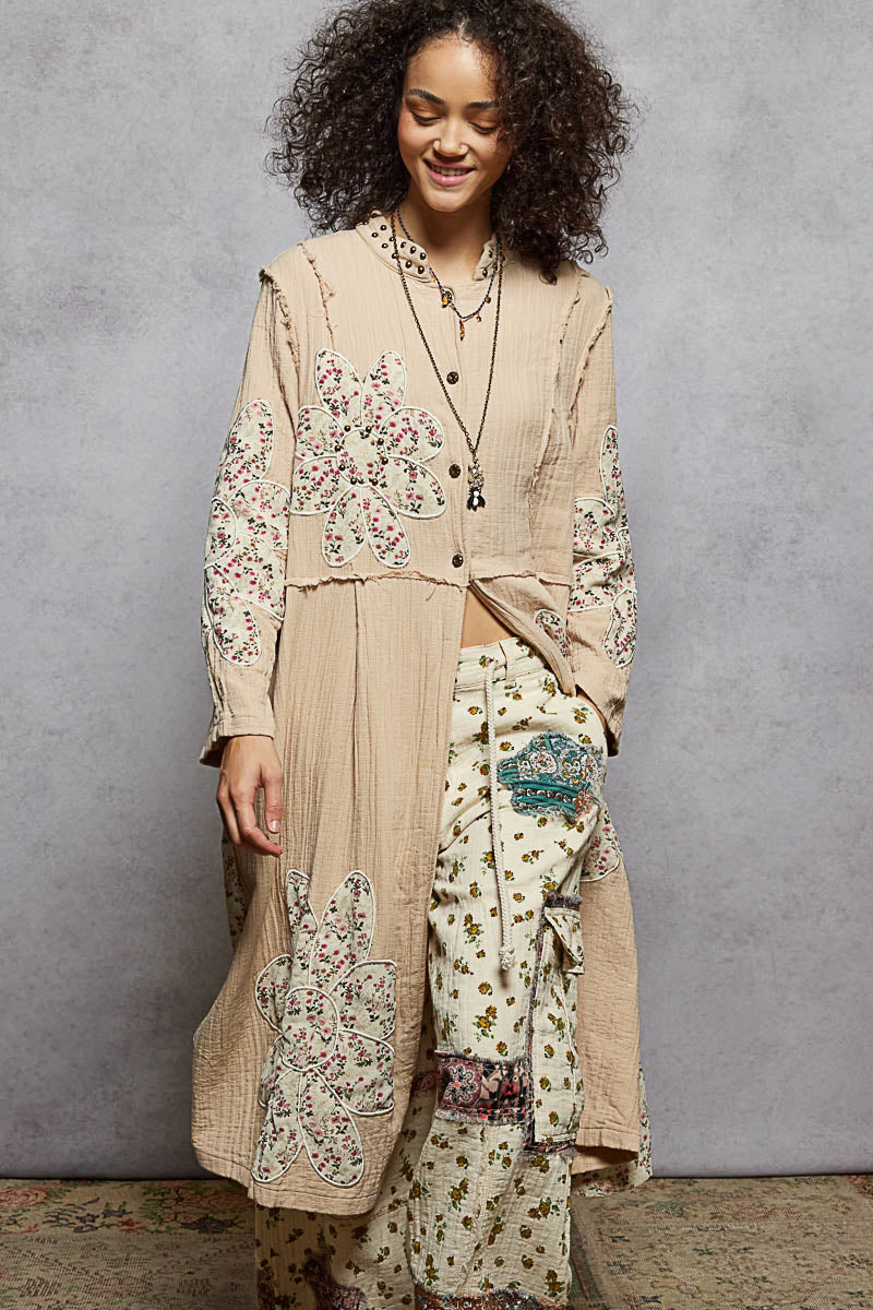 POL Double Gauze Half Button Front Duster with Large Floral Flower