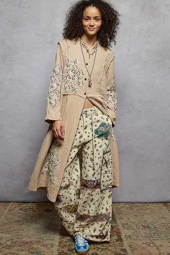 POL Double Gauze Half Button Front Duster with Large Floral Flower Patches in Beige