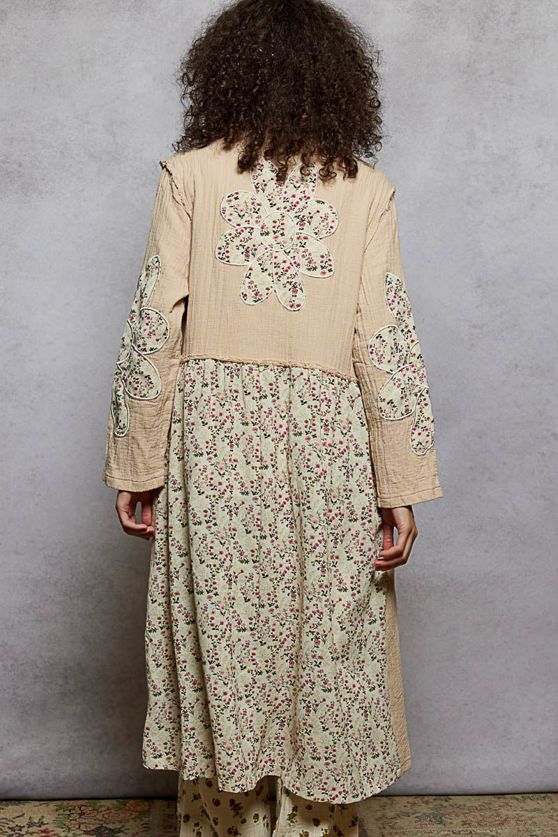 POL Double Gauze Half Button Front Duster with Large Floral Flower