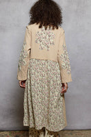 POL Double Gauze Half Button Front Duster with Large Floral Flower Patches in Beige