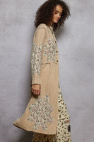 POL Double Gauze Half Button Front Duster with Large Floral Flower Patches in Beige
