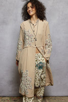 POL Double Gauze Half Button Front Duster with Large Floral Flower Patches in Beige