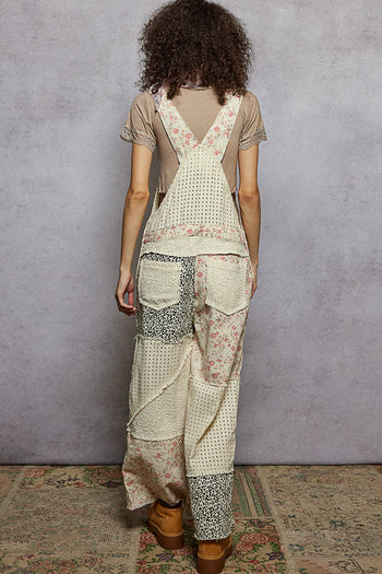 POL Mixed Print Patchwork Twill Overalls in Cream
