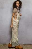 POL Mixed Print Patchwork Twill Overalls in Cream