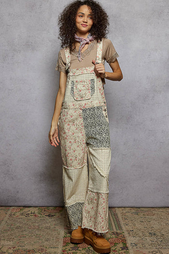POL Mixed Print Patchwork Twill Overalls in Cream