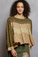 POL Mixed Print Tiered Top in Olive