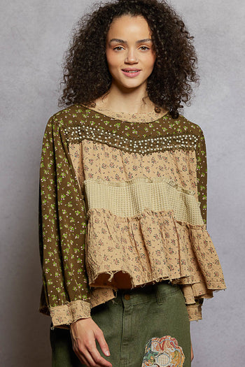 POL Mixed Print Tiered Top in Olive