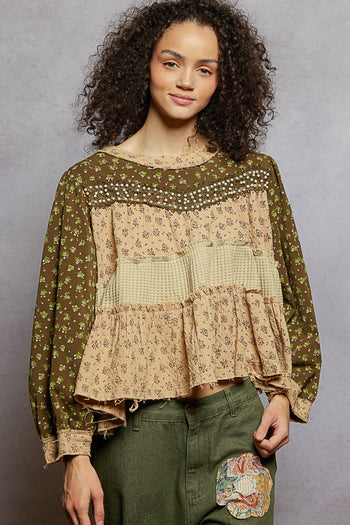 POL Mixed Print Tiered Top in Olive