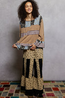 POL Baby Doll Top with Mixed Print Ruffle Details in Milk Choco