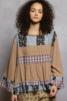 POL Baby Doll Top with Mixed Print Ruffle Details in Milk Choco
