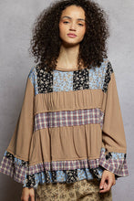 Load image into Gallery viewer, POL Baby Doll Top with Mixed Print Ruffle Details in Milk Choco
