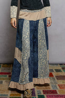 POL French Terry Patchwork Pants with Ruffle Hem in Indigo
