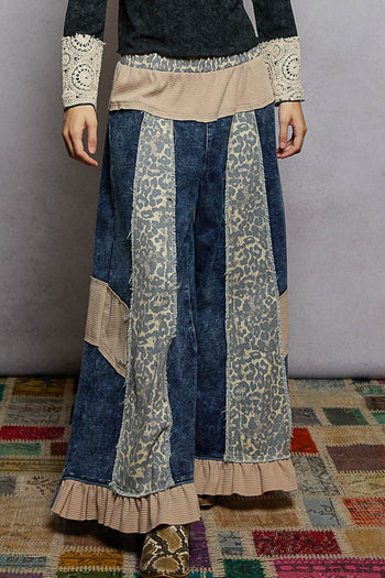 POL French Terry Patchwork Pants with Ruffle Hem in Indigo