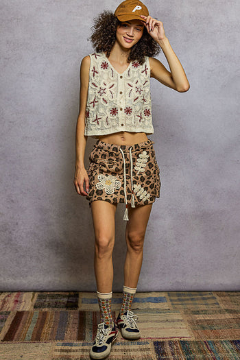 POL Printed Terry Knit Mini Skirt with Crochet Details in Sand Leo
