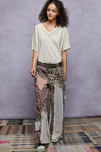 POL Relaxed Fit Twill Patchwork Pants in Leopard/Purple