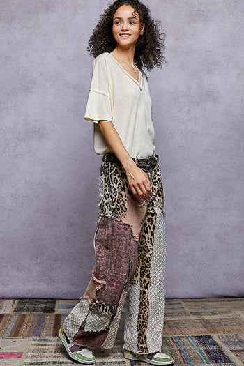 POL Relaxed Fit Twill Patchwork Pants in Leopard/Purple