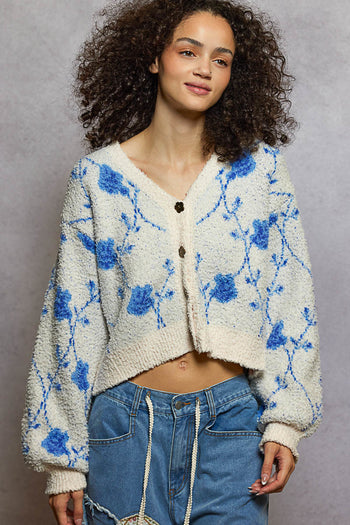 POL Berber Cardigan with a Diamond Floral Print in Cream/Blue