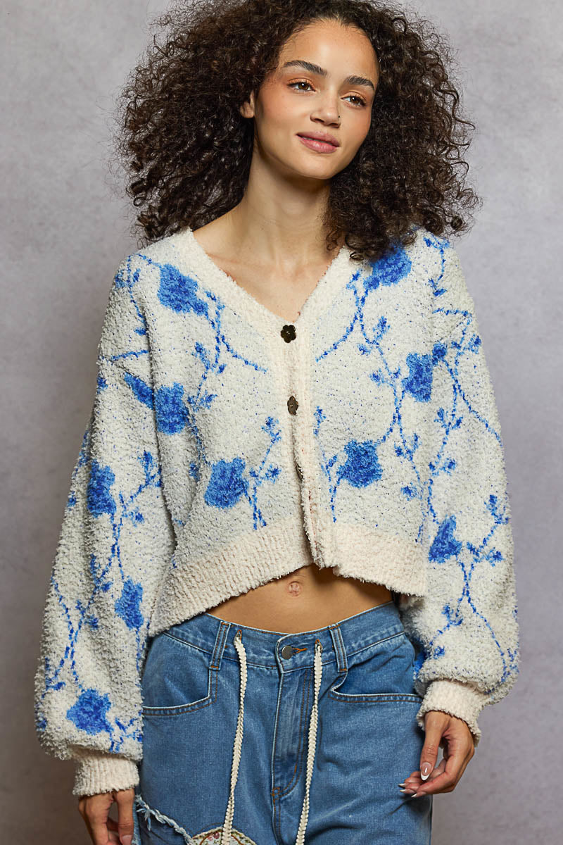 POL Berber Cardigan with a Diamond Floral Print in Cream/Blue
