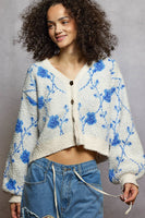 POL Berber Cardigan with a Diamond Floral Print in Cream/Blue