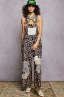 POL Printed Corduroy Overalls with Mixed Patches in Black Multi