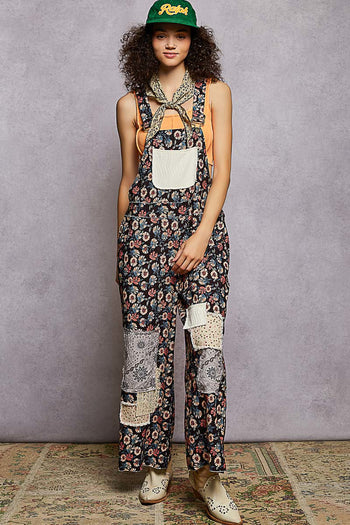POL Printed Corduroy Overalls with Mixed Patches in Black Multi