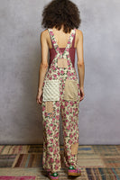 POL Printed Corduroy Overalls with Mixed Patches in Cream Multi