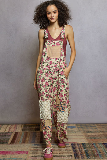 POL Printed Corduroy Overalls with Mixed Patches in Cream Multi