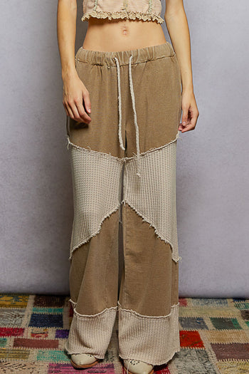 POL Contrasting French Terry and Thermal Knit Pants in Dusty Choco