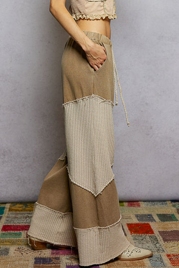 POL Contrasting French Terry and Thermal Knit Pants in Dusty Choco