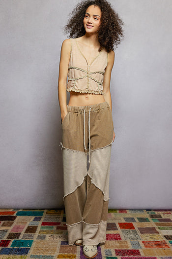POL Contrasting French Terry and Thermal Knit Pants in Dusty Choco