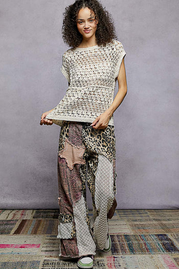 POL Short Sleeve Crochet Top in Natural