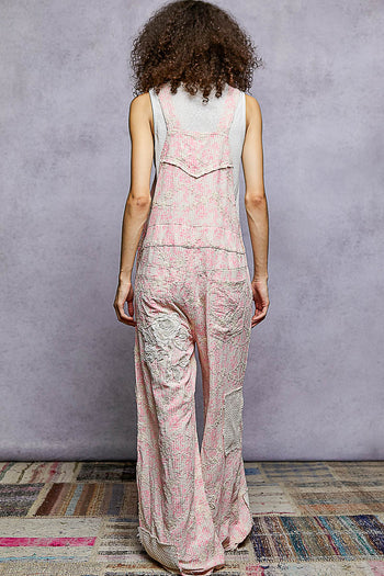 POL Woven Printed and Floral Embroidery Accent Overalls in Pink Floral