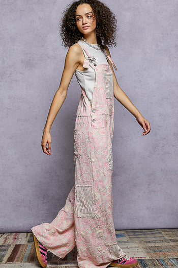POL Woven Printed and Floral Embroidery Accent Overalls in Pink Floral