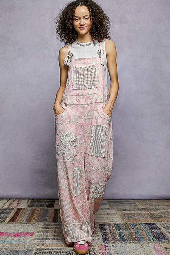 POL Woven Printed and Floral Embroidery Accent Overalls in Pink Floral