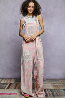 POL Woven Printed and Floral Embroidery Accent Overalls in Pink Floral